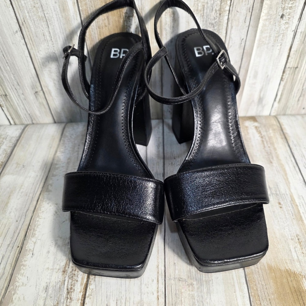 BP Noella Black Metallic Platform Block Heel Sandals Square Toe Slingback Size 9